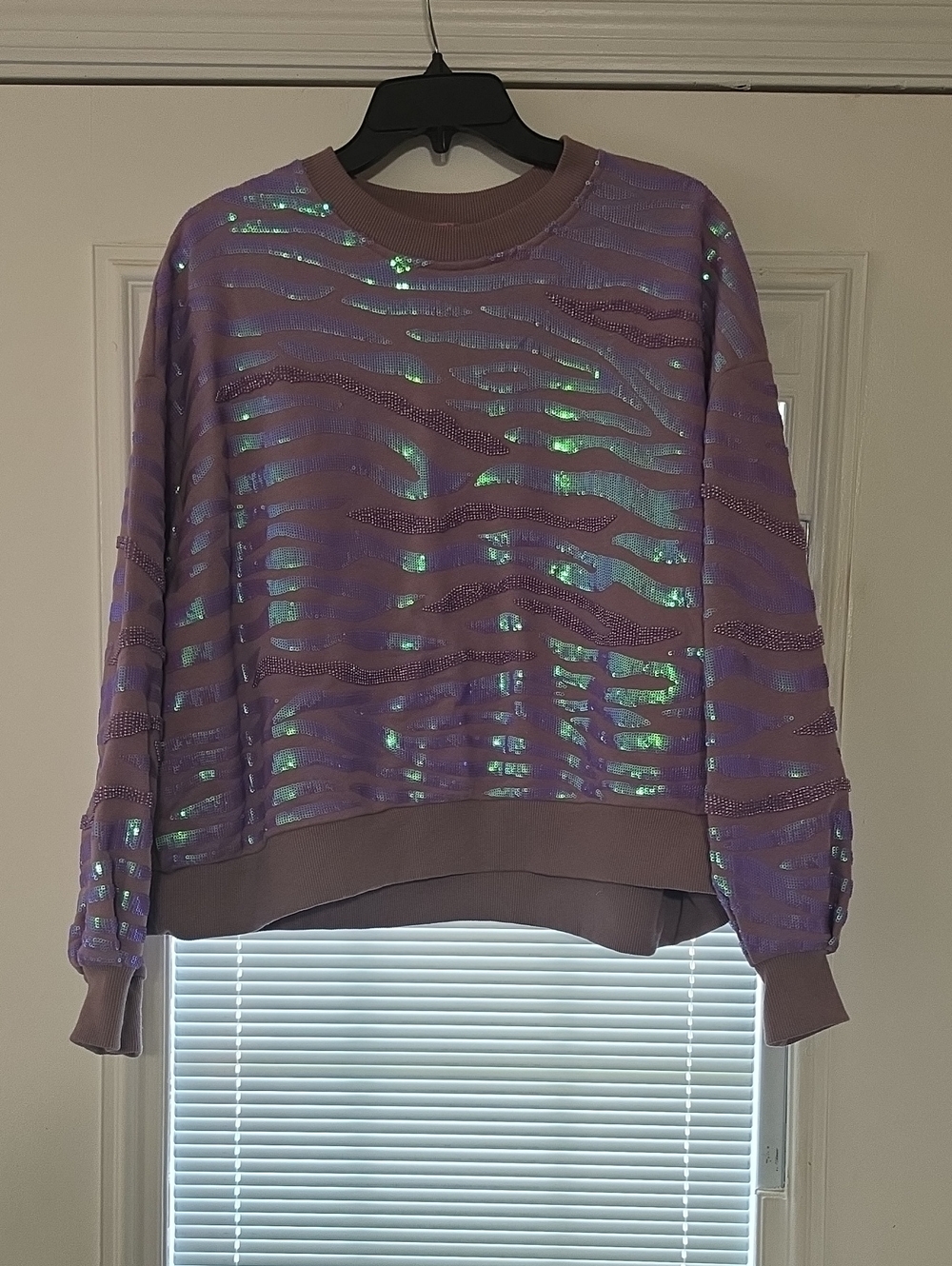 QUEEN OF SPARKLES Lavender Iridescent Zebra Crewneck Sweater